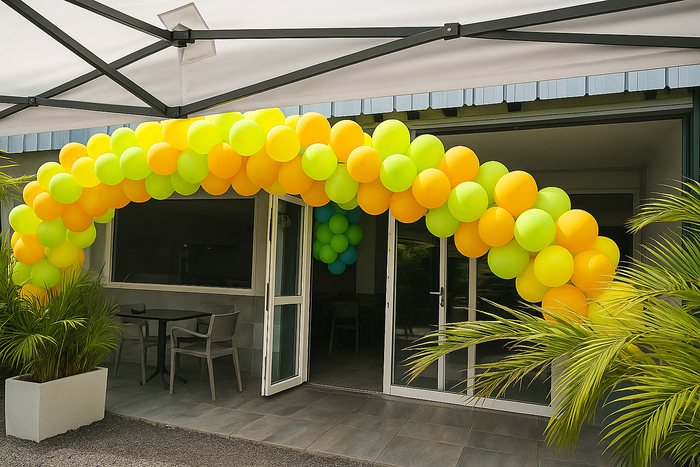 Grande arche de ballons jaunes, verts et orange à l'entrée d'une terrasse